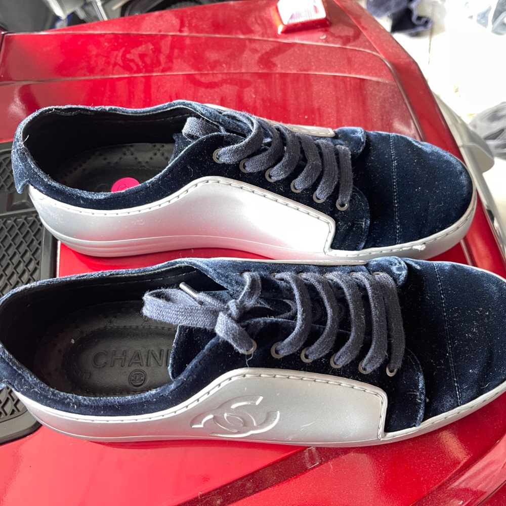 Authentic Chanel silver and navy velvet sneakers